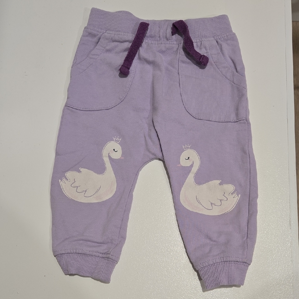 Purple Sweatpants with Swan Appliqués and Elastic Waistband